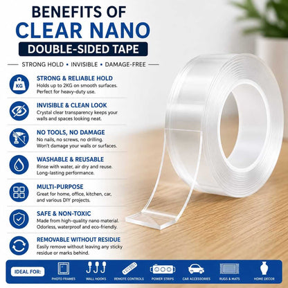  Infographic listing features of clear double-sided nano tape including strength and reusability