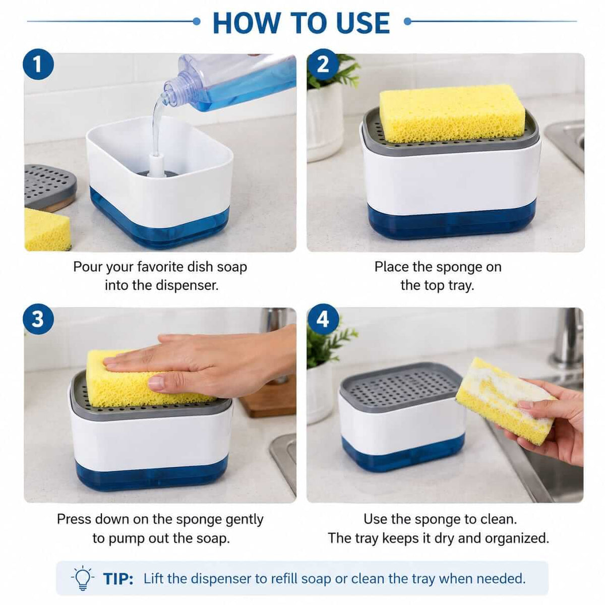 Four-step instructional guide showing how to fill, assemble, and use the soap pump dispenser