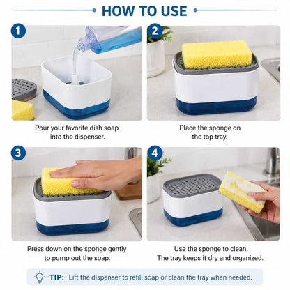 Four-step instructional guide showing how to fill, assemble, and use the soap pump dispenser
