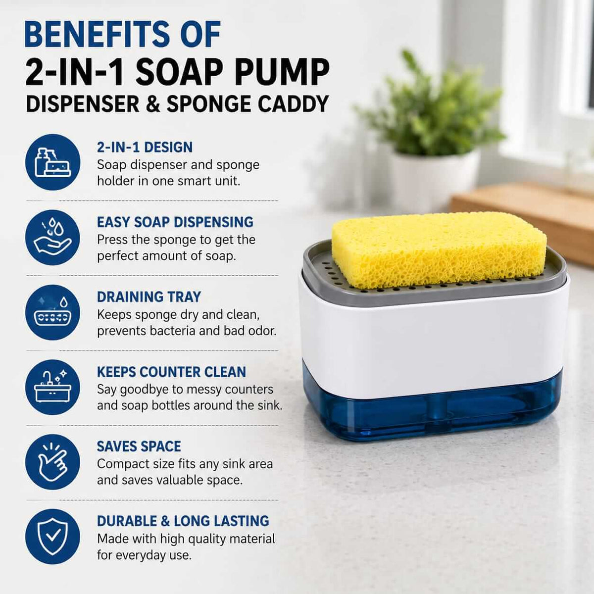 Infographic listing the key features and benefits of the 2-in-1 soap pump dispenser and sponge holder