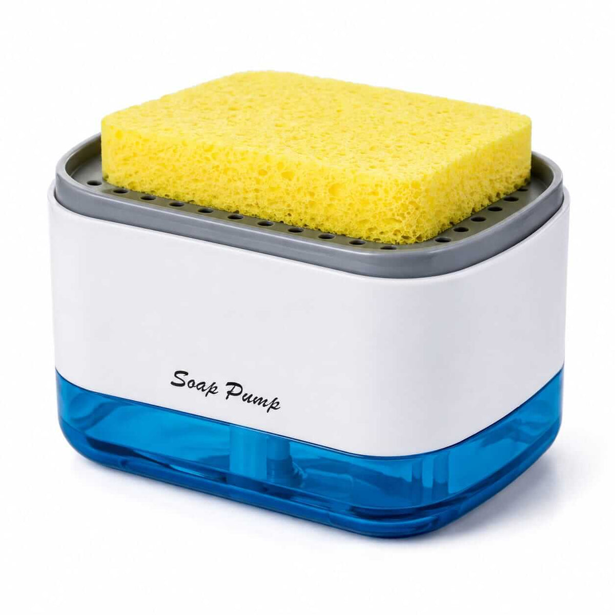 2-in-1 soap pump dispenser with yellow sponge placed on top against a neutral background
