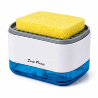 2-in-1 soap pump dispenser with yellow sponge placed on top against a neutral background

